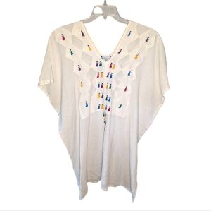 Mexican embroidered tunic people happy gathering one size woman's throw over